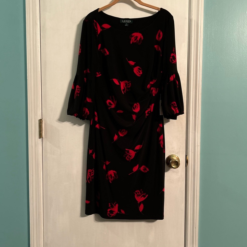 Lauren Ralph Lauren Black Dress with Red Floral Print Women’s Size 10 NWT